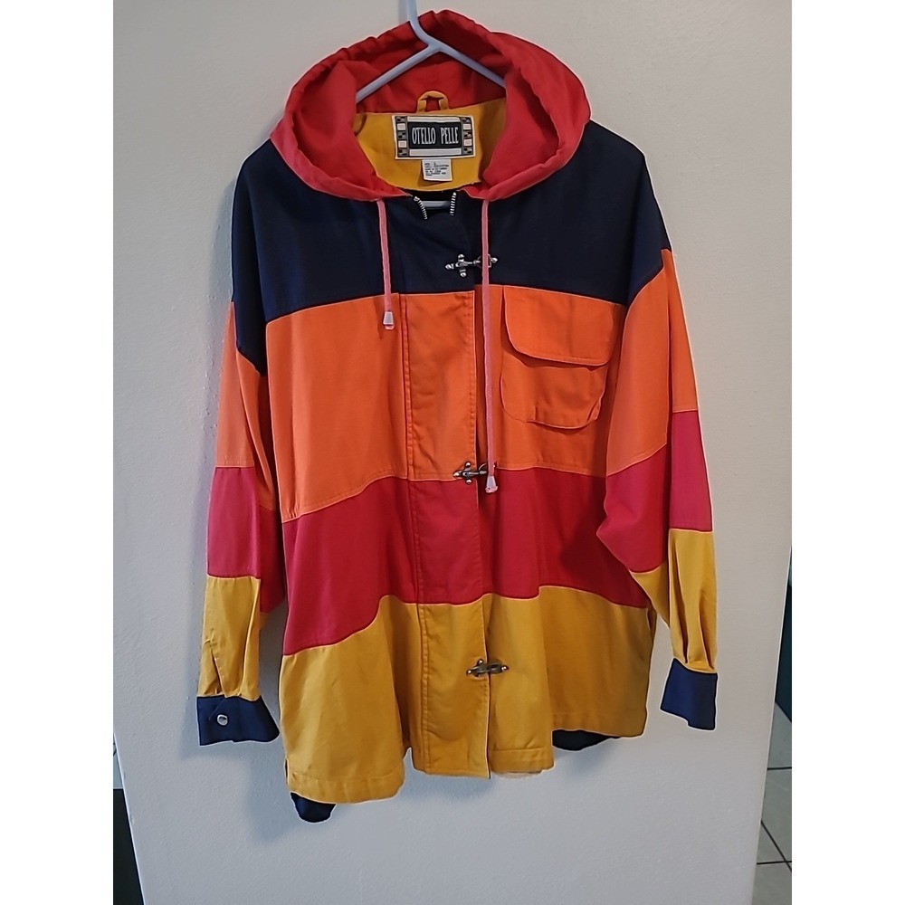 Vintage 90s Otello Pelle Jacket Womens Large Blue Orange Red Cotton Nautical‎